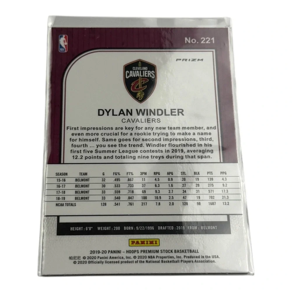 2019-20 Panini NBA Hoops Premium Stock Dylan Windler Laser Prizm RC #221 Cavs